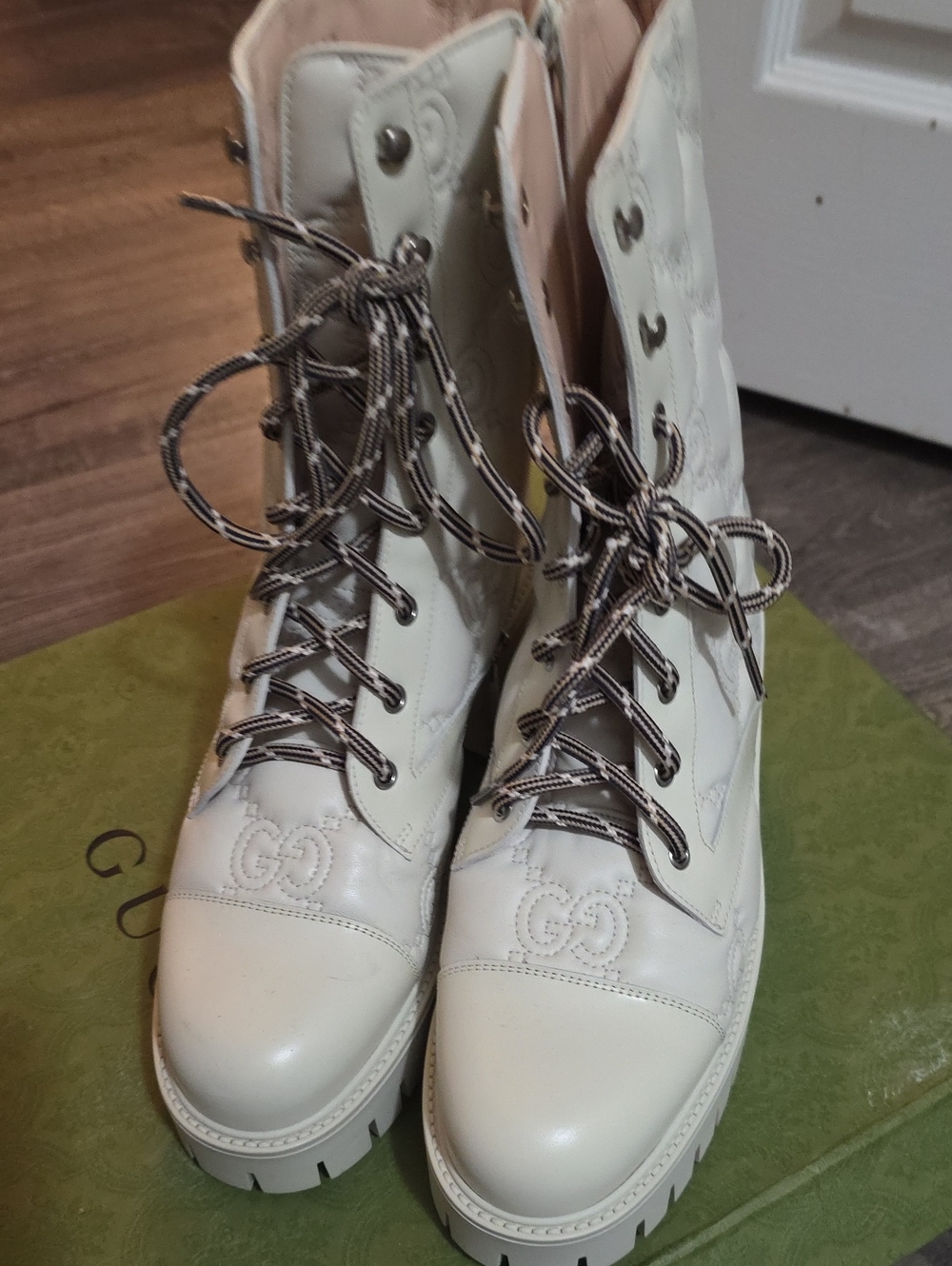 Gucci Cream Leather Lace-Up Combat Boots